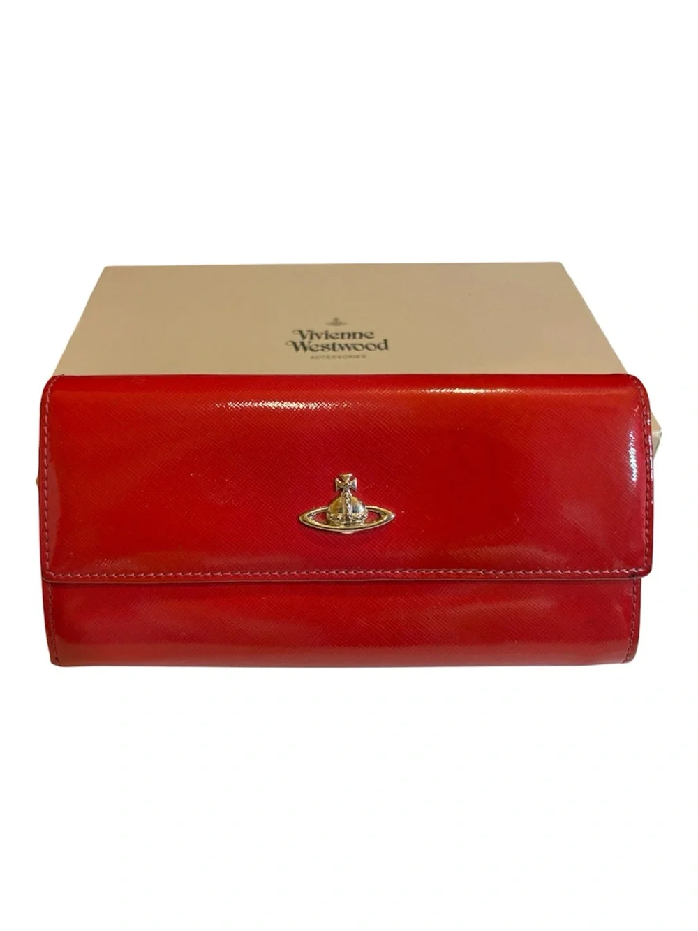 Vivienne Westwood Red Patent Leather Green Interior Wallet with Orb Emblem